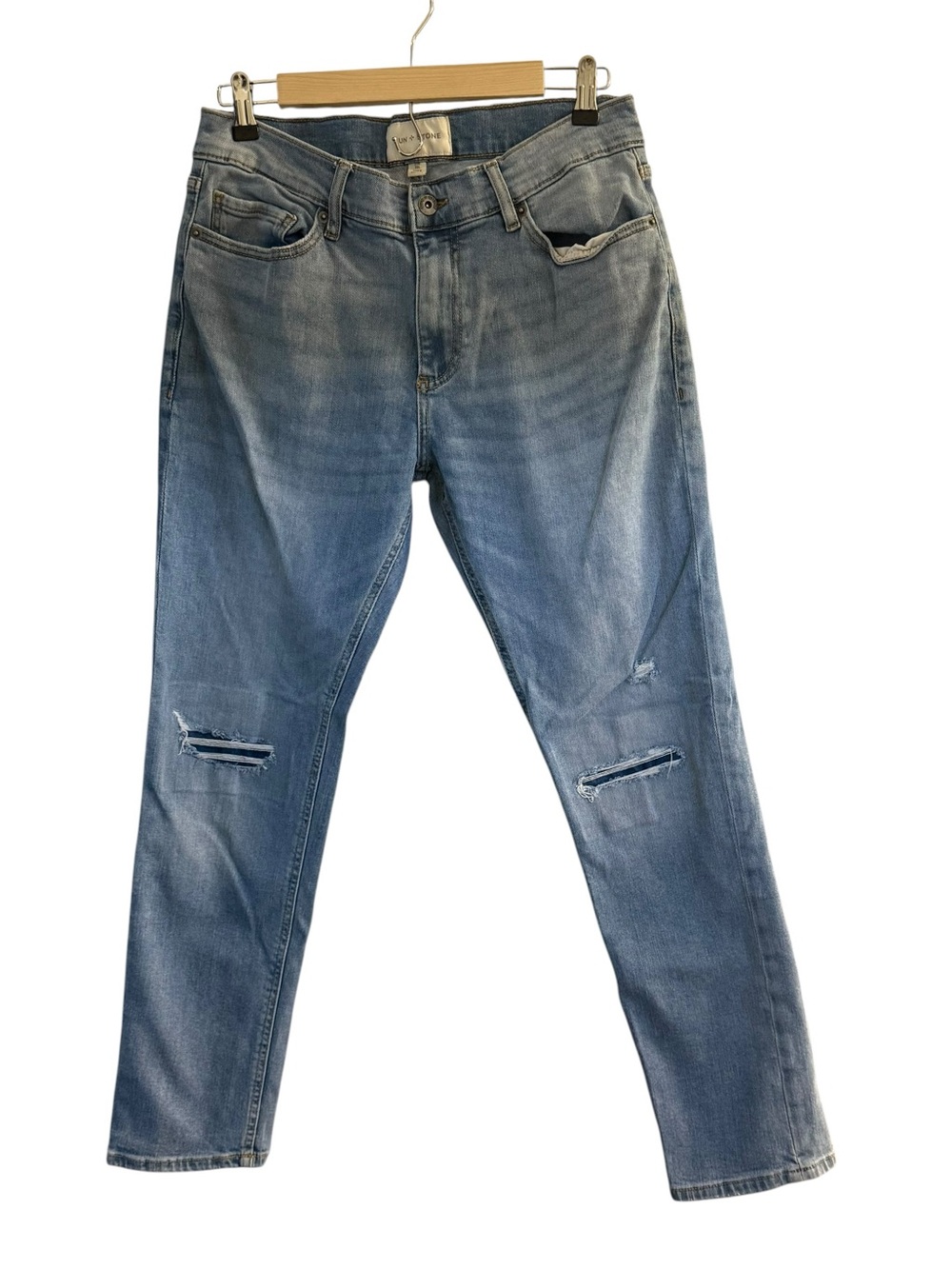 Sun + Stone Jeans Mens 31x30 Blue Cotton Denim Straight Distressed Faded Stretch
